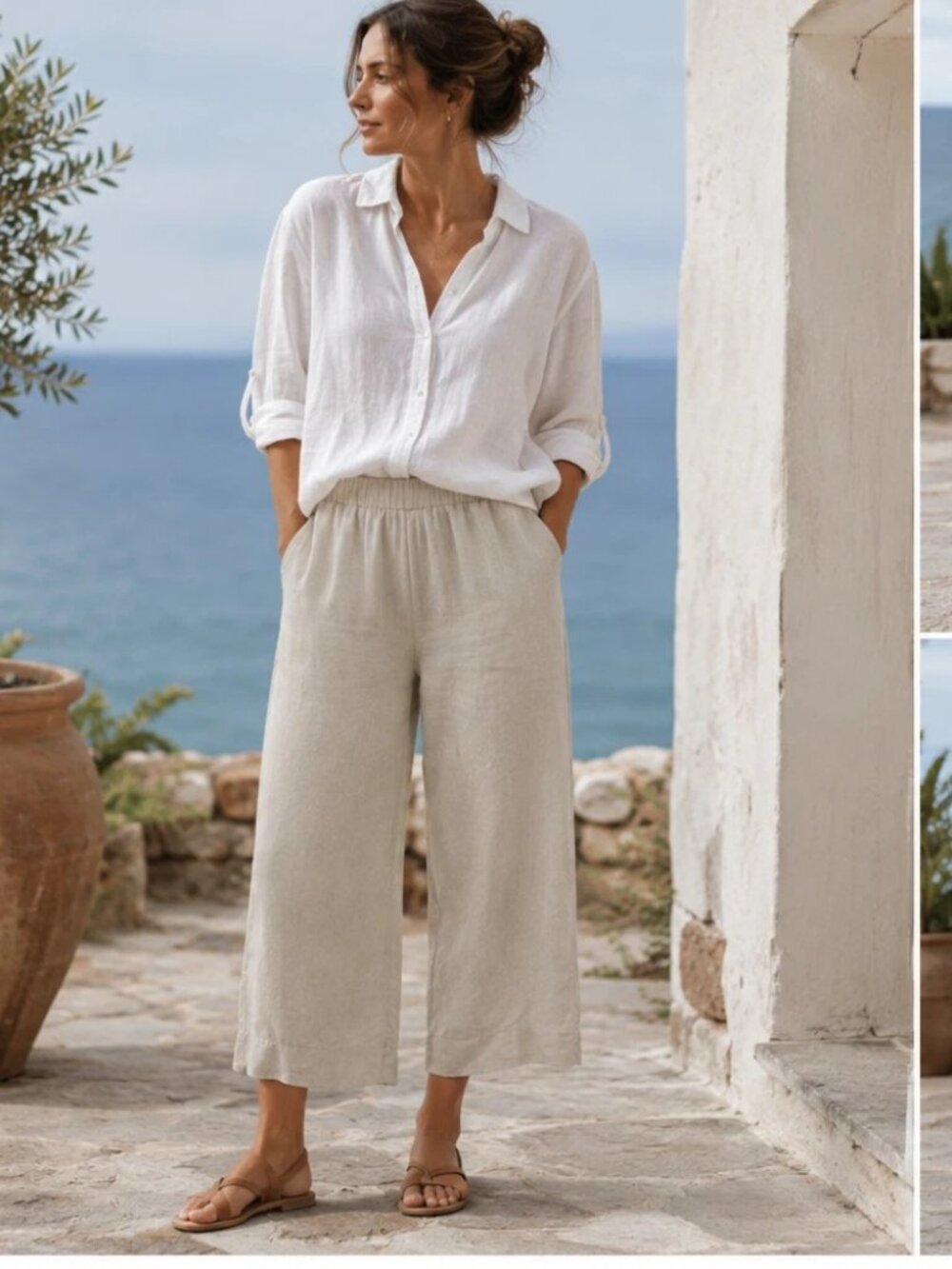 J Jill Love Linen 100% Linen Wide Leg Crop Ankle Pants Tan Coastal Travel Resort